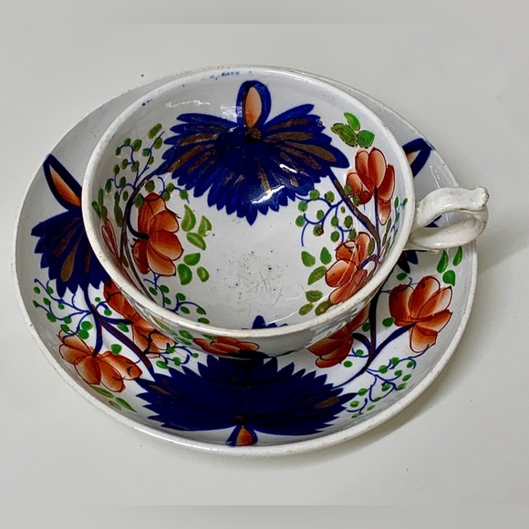 19th Century Antique Gaudy Welsh Butterfly Pattern Hand Painted Cup & Saucer Set - Picture 12 of 16